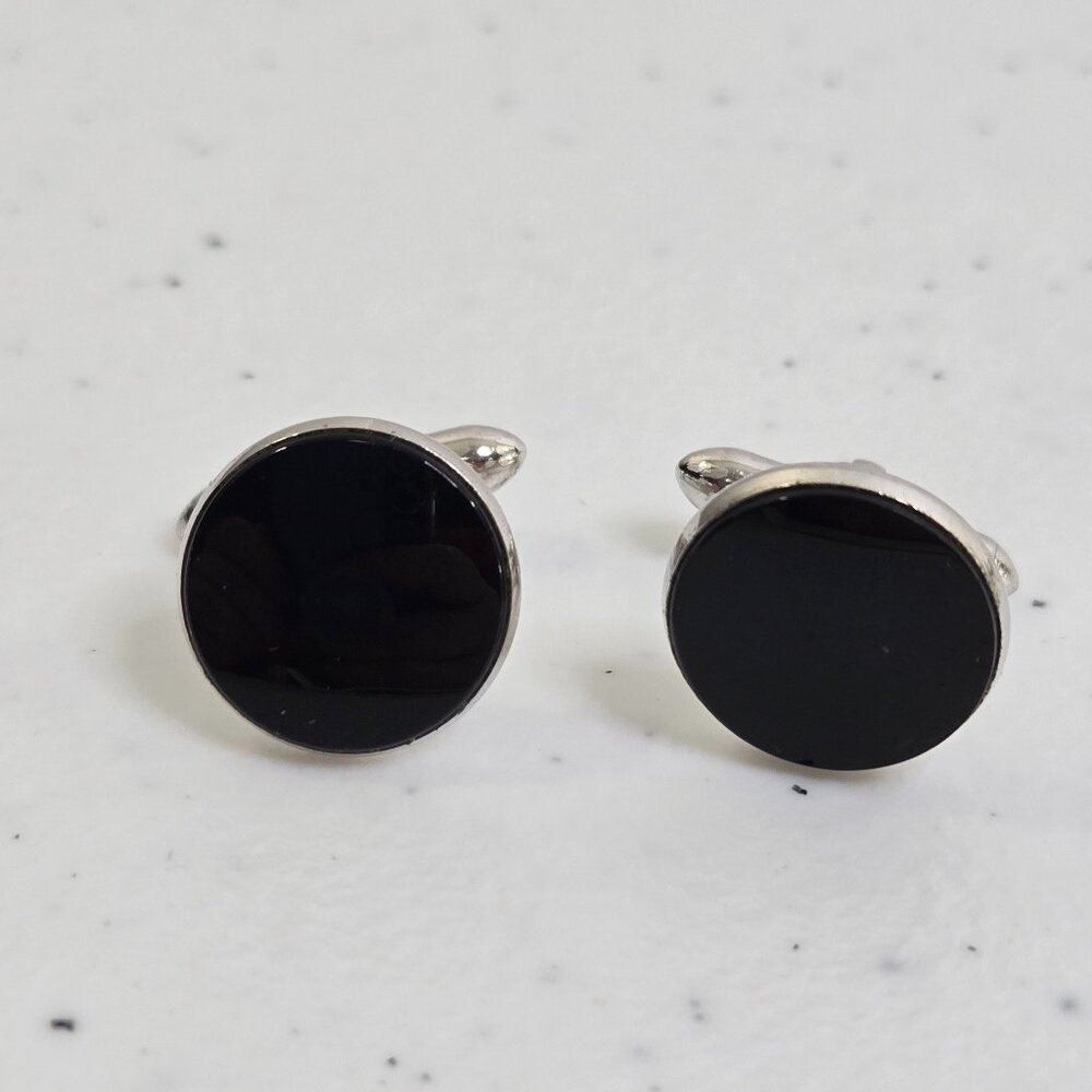 Swank Cufflinks Black Enamel Circle Silver Tone Shiny Black Onyx Bar